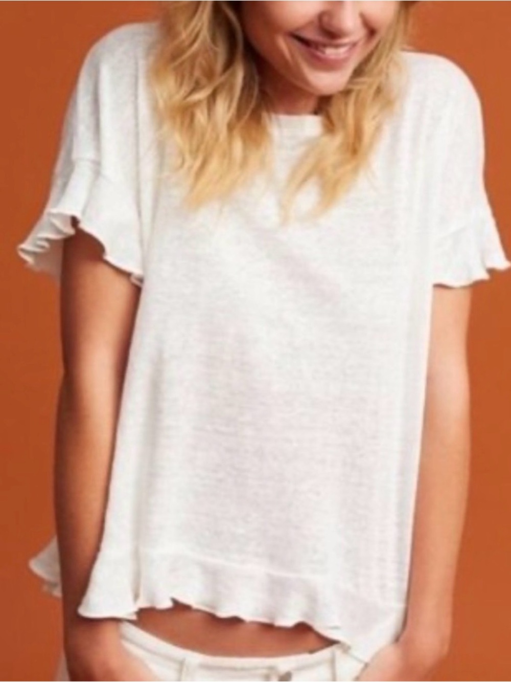 Anthropologie Eri + Ali Linen Ruffle Ivory Blouse Sz XS OVERSIZED